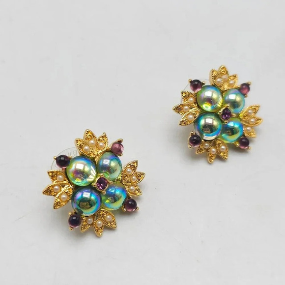 Joan Rivers Floral Blue Green Purple Cabochon Floral Post Earrings HTF - Picture 2 of 4